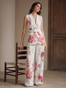 Anewsta Elegant Urban Chic Vintage Floral & Striped Print Lapel Sleeveless Vest With Belt + High-Waisted Draping Long Suit Pants, Women's Suit Set - Multicolor - View 5