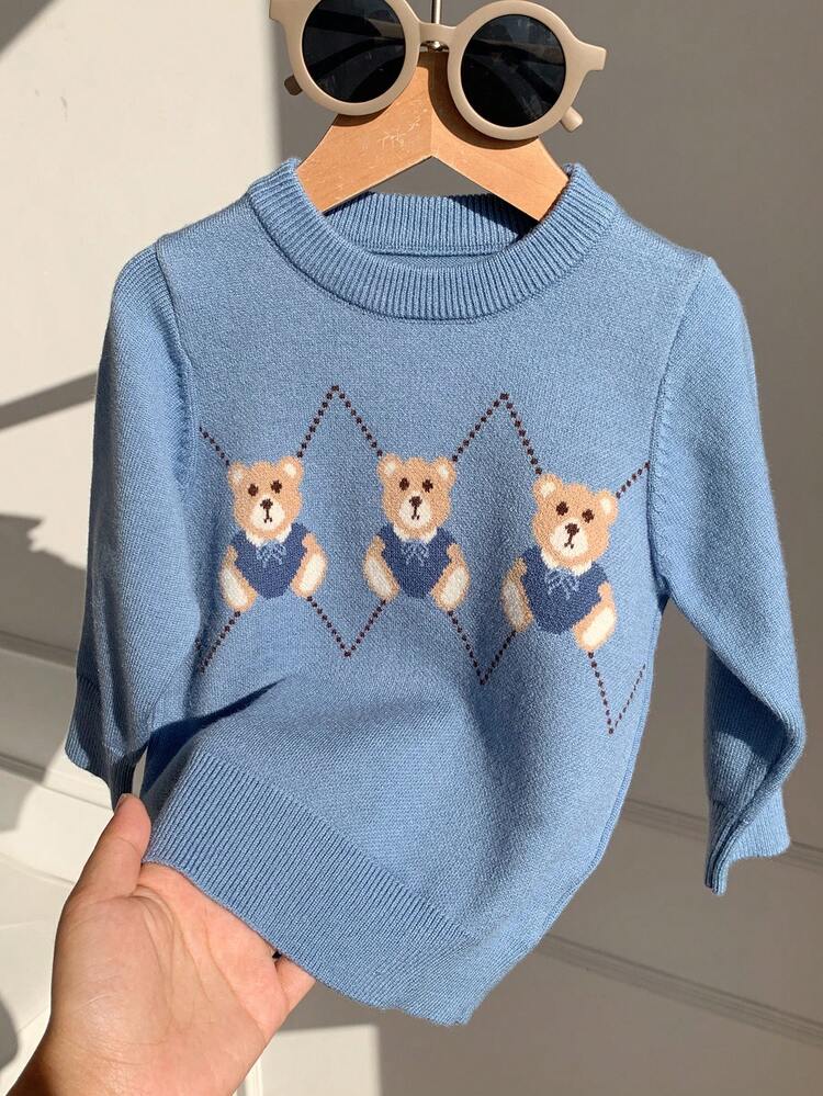 Unisex Baby Boy/Girl Baby Boy 2pcs Autumn/Winter Casual Cute Bear Pattern Crew Neck Knit Sweater - Blue - View 4
