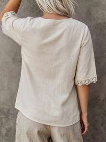 SHEIN LUNE CURVE Blus Kasual Musim Gugur Berbahan Renda Patchwork untuk Wanita Ukuran Plus - Aprikot - View 2