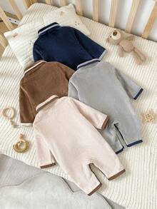 SHEIN 4件組隨機款 秋冬雙面法蘭絨新生兒連身衣 家居服 可愛熊貼布對比色滾邊設計 裝飾下擺口袋 棕色杏色皇家藍灰色 柔軟舒適長袖無腳套連身衣 冬季衣物 - 彩色 - 查看 2