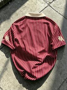 Manfinity EMRG Men's Casual Striped Letter Print Polo Shirt, Short Sleeve, Summer Back-To-School Graduation Burgundy - Multicolor - View 2