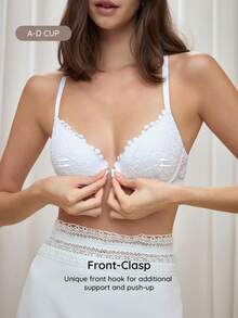 Bralution White Underwire Molded Cup High Support Push-Up Lift Cross Back Floral Pattern Front Closure Comfy Balconette Romantic French Elegant Exquisite Women's Bra - White - View 1