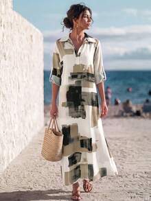 Faunlyn Women's Colorblock Shirt Collar Rolled Sleeve Casual Loose Long Dress Vacation Summer Casual Dresses For Women Going Out Dress - Multicolor - View 2
