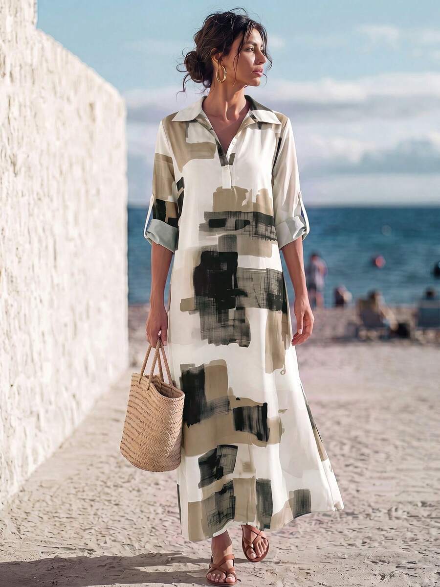 Faunlyn Women's Colorblock Shirt Collar Rolled Sleeve Casual Loose Long Dress Vacation Summer Casual Dresses For Women Going Out Dress