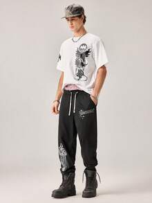 Strevion Men's Casual Commuting & Running Batman Graphic Letter Print Drawstring Waist Pocket Loose Sweatpants - Black - View 6