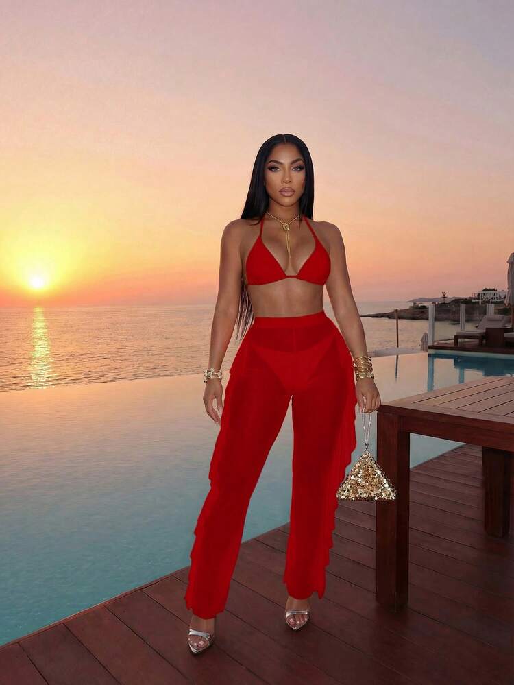 Slaydiva 2026 Casual Tropical Beach Party Vacation Swimwear 3-Piece Set, Elegant Sexy Bikini + Side Ruffle Semi-Sheer Elastic Fabric Long Pants Red Summer - Red - View 4