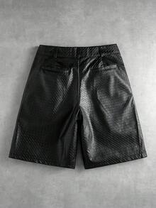 ROMWE MEN Street Life 男士時尚紋理PU短褲，腰部扣環設計 - 黑色 - 查看 2