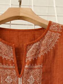 Rusticease 大尺碼女款休閒白色鏤空刺繡襯衫，秋季服飾 - 鏽棕色 - 查看 7