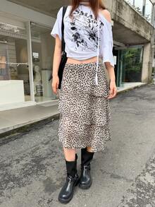 K-Vae Women's Vintage Old Money 70s Y2k Casual Leopard Print Cake Hem Asymmetrical Mid-Length Chiffon A-Line Skirt Going Out Light Brown Summer - Multicolor - View 6