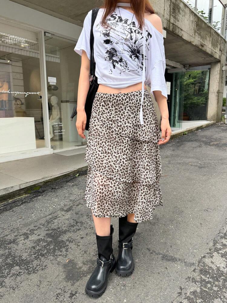 K-Vae 女款復古老錢風 70s Y2K 休閒豹紋蛋糕下擺不對稱中長雪紡 A 字裙 外出穿著 淺棕色 夏季 - 彩色 - 查看 6