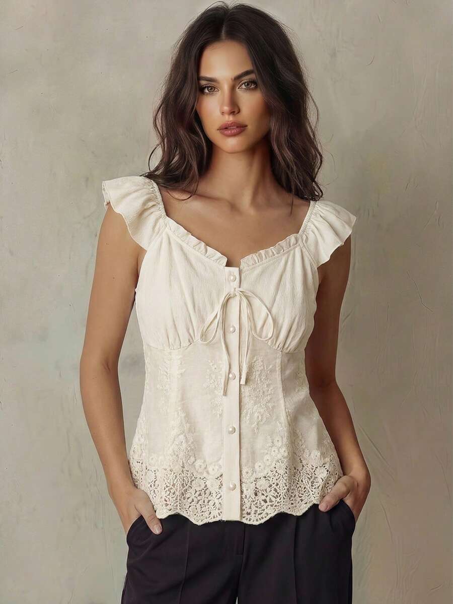 Franclia Blusa elegante de mujer con manga de campana y parches de encaje, entallada y con volantes en color liso - Albaricoque - Ver 1