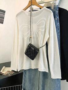 Flirla Sweater Pullover Kasual Leher Bulat Ukuran Besar untuk Wanita, Cocok untuk Pakaian Sehari-hari di Musim Dingin. - Putih - View 2