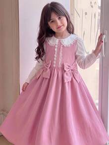 SHEIN Young Girl 3D蝴蝶結裝飾蕾絲拼接洋裝 - 粉色 - 查看 1