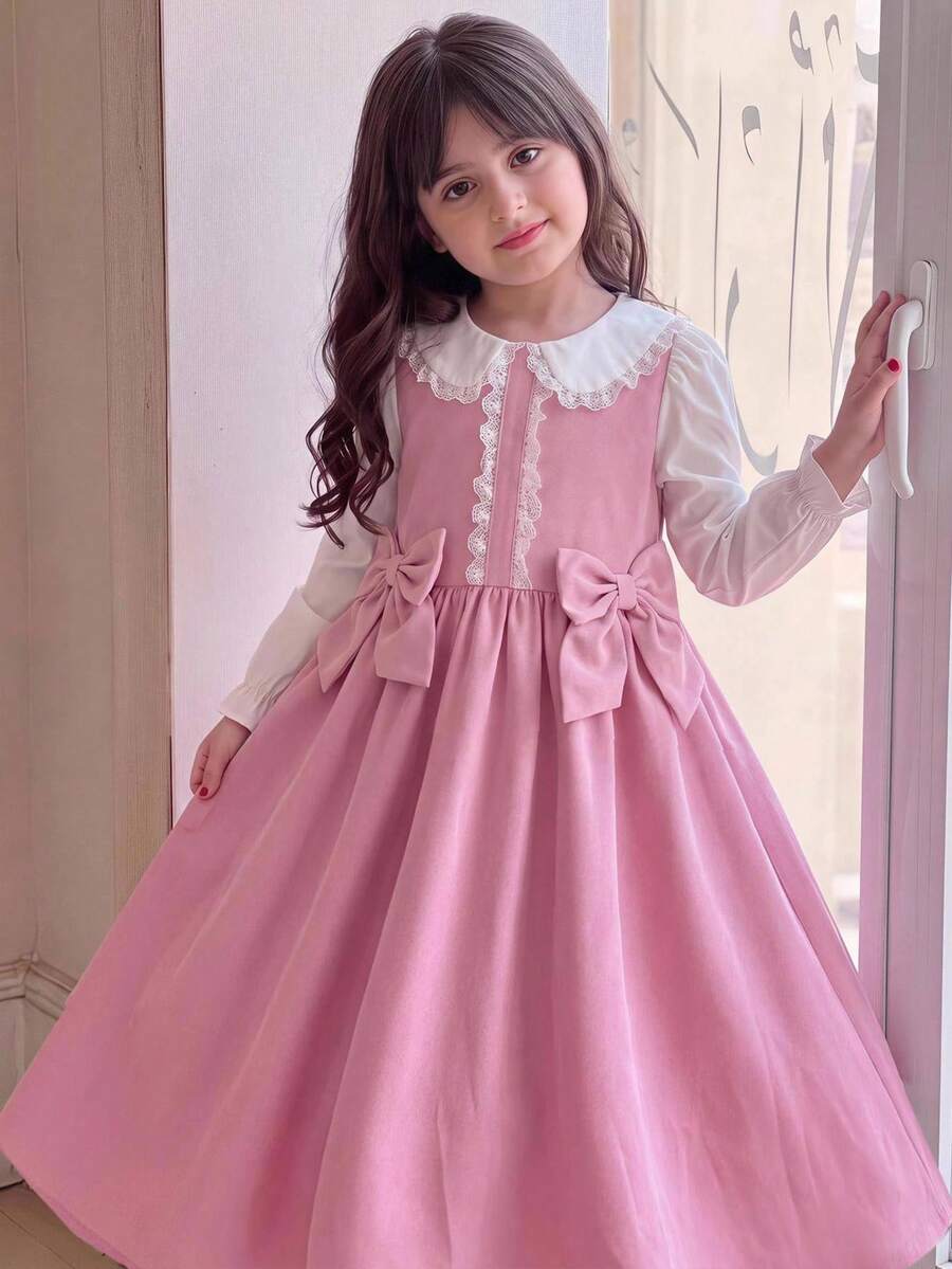 SHEIN Young Girl 3D蝴蝶結裝飾蕾絲拼接洋裝 - 粉色 - 查看 1