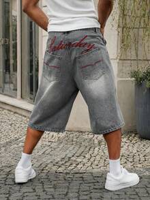 Manfinity EZcore Plus Size Men's Denim Embroidered Wide Leg Shorts - Light Grey - View 4
