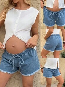 SHEIN Pregnant Women's Solid Color Front Button Round Neck Casual Denim Shorts Summer Festival Graduation Going Out Elegant Casual Formal - Blue - View 9