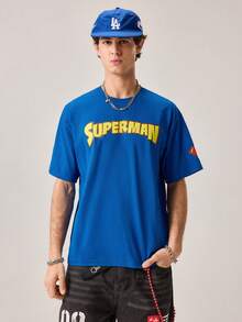 Strevion SUPERMAN 男士休闲百搭简约超人图案印花圆领短袖T恤 - 藍色 - 查看 3