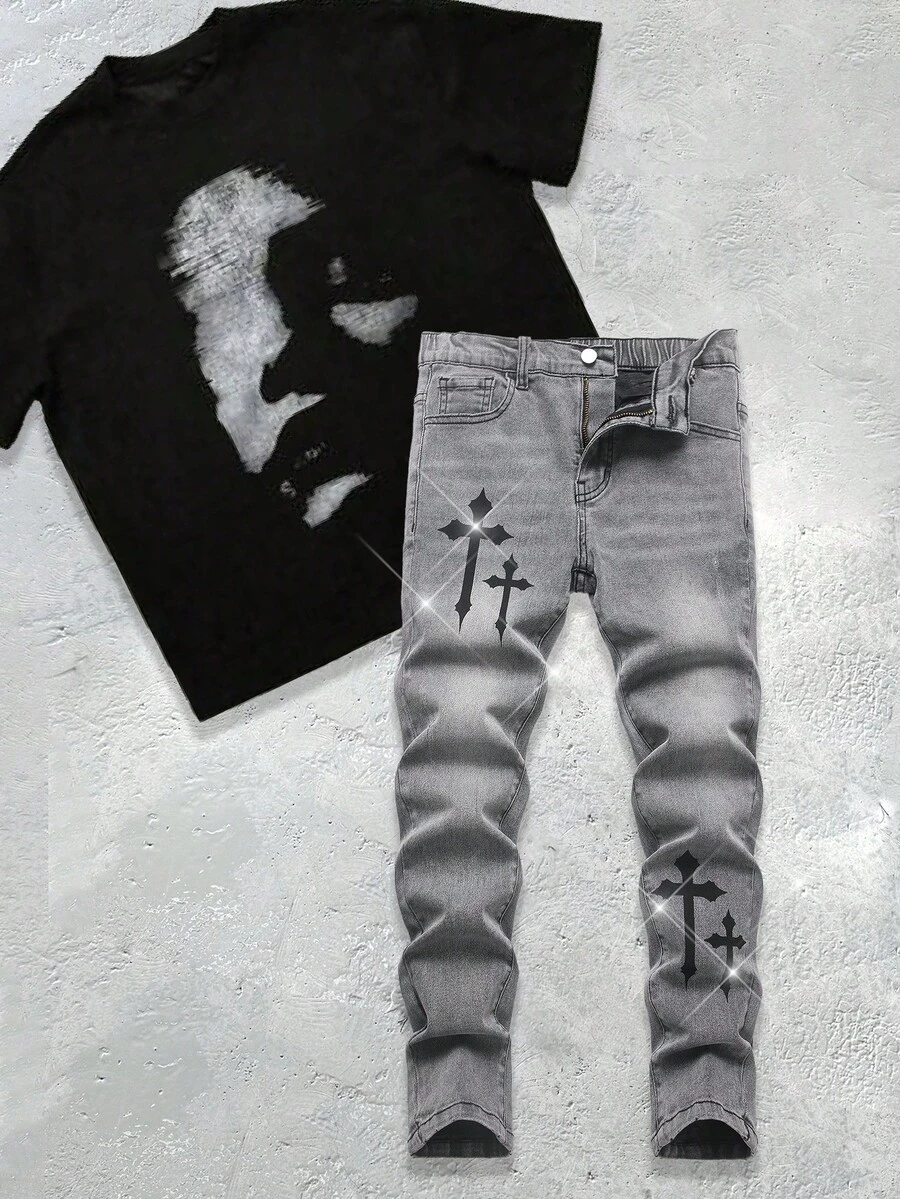 SHEIN 青少年男孩休閒十字圖案灰色彈性緊身牛仔褲,萬聖節與黑色上學款 - 灰色 - 查看 1