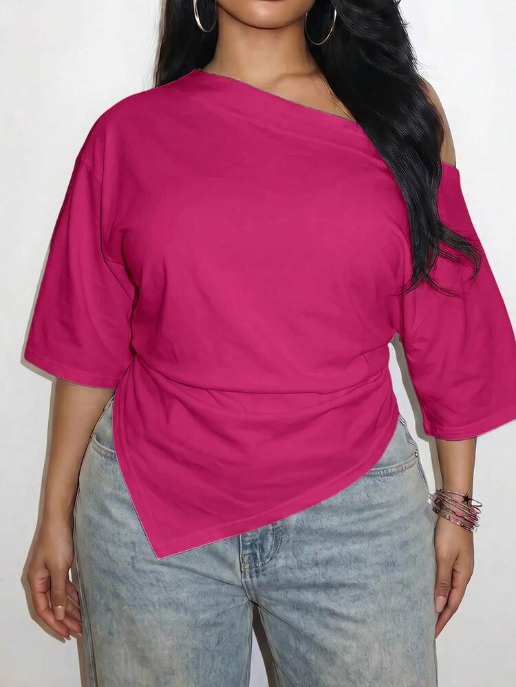 Slaydiva 2026 Spring/Summer Women's Plus Size Solid Color Asymmetrical T-Shirt - Hot Pink - View 1