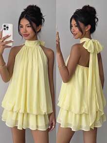 SHEIN Girlism Teen Girl Teen Girls Partywear Spring Summer New Elegant Light Yellow Chiffon Spaghetti Strap Spaghetti Strap Tie Bow Short Mini Dress, Summer Tropical Flowy Doll Dress, Summer Dress, Graduation Party - Yellow - View 1