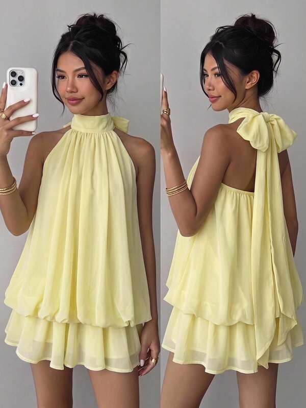 SHEIN Girlism Vestido Curto Mini de Chiffon Amarelo Claro Elegante com Alças Finas e Laço para Festa de Adolescente, Vestido Boneca Fluido Tropical de Verão, Vestido de Verão, Festa de Formatura