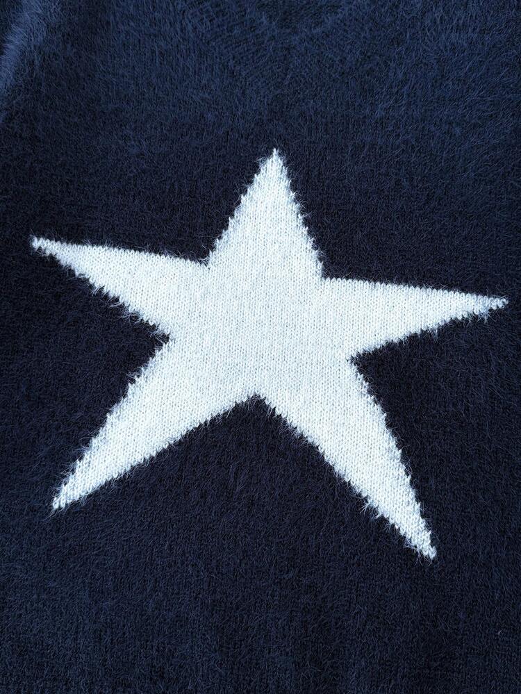 Girlism Tween Girls Sweaters Autumn/Winter New Casual Star Pattern Round Neck Drop Shoulder Pullover, Back To School - Blue and White - View 5