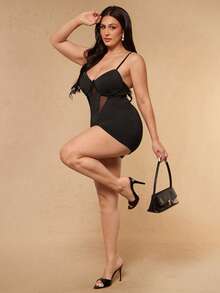 SHEIN BAE CURVE Plus Size Women's Black Cup Strap Short Jumpsuit - Black - View 5