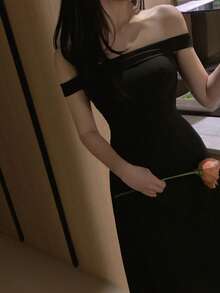 DAZY 女款收腰中長款亮面黑色抹胸洋裝 優雅雞尾酒禮服 婚禮賓客洋裝 - 黑色 - 查看 9