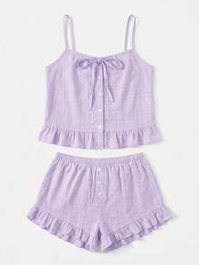 lacRébo Lilac Pajama Set With Tie-Front Cami Top, Button-Front Detail And Matching Ruffled Shorts Cotton - Purple - View 7