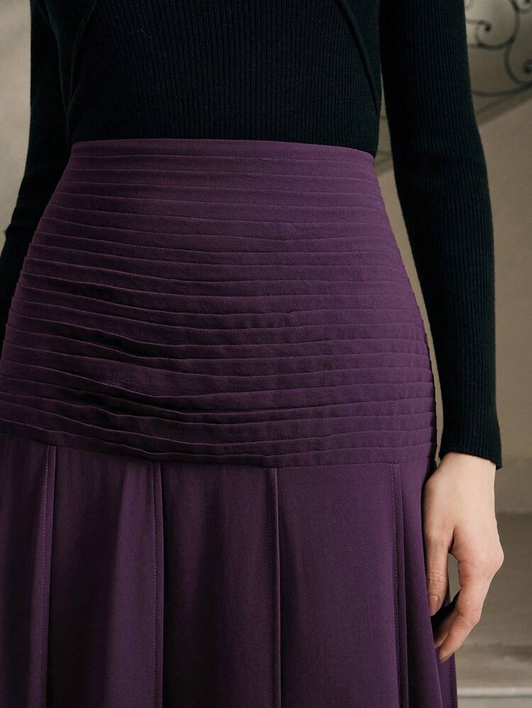 Anewsta Elegant Fashion High Waist Pleated Purple Chiffon Ruffle Hem Long Skirt For Women, Party, New Year, Party, Wedding, Elegant, Chic, Stylish, Spring, Summer, Valentine - Purple - View 2