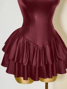 Mistrie Black Outfits Women Sexy Dress PU Asymmetric Cup Corset Waist Cake Ruffle Hem Dress - Burgundy - View 8