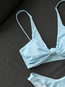 Swim Mod Spring/Summer New Milk Yellow Twisted Knot Two Pieces Bikini Set, Sweet Girl Beach Casual Vacation Swimsuit - Baby Blue - View 4