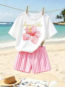Tween Girl Pink And White Summer Casual Vacation Holiday Fashionable Floral & Vertical Striped Graphic Letter Print T-Shirt And Shorts Set - Multicolor - View 4
