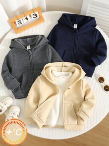 SHEIN 3件組男嬰秋冬休閒連帽外套套裝，杏色藍灰色連帽衛衣，基礎外套多件套，嬰兒外套，嬰兒衛衣 - 彩色 - 查看 4