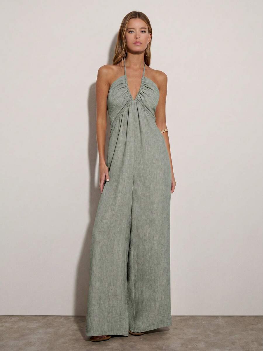 Nöista Women's Solid Color Deep V-Neck Wide Leg Loose Casual Halter Neck Jumpsuit - Army Green - View 1