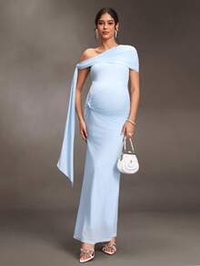 Cheriluna Maternity 孕婦藍色不對稱單肩繫帶拍照禮服 - 淺藍色 - 查看 3