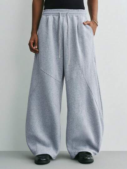 Sonviro Men's Solid Color Drawstring Waist Pockets Casual Wide Leg Sweatpants Men Grey Flared Oversized Bottom For Flare Sweats Joggers Baggy