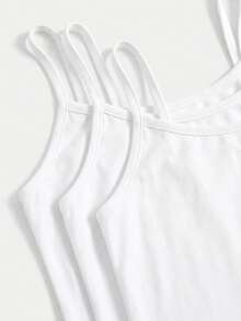 SHEIN Tween女孩純色極簡百搭細肩帶背心上衣，3件組日常穿著套裝 - 白色 - 查看 4