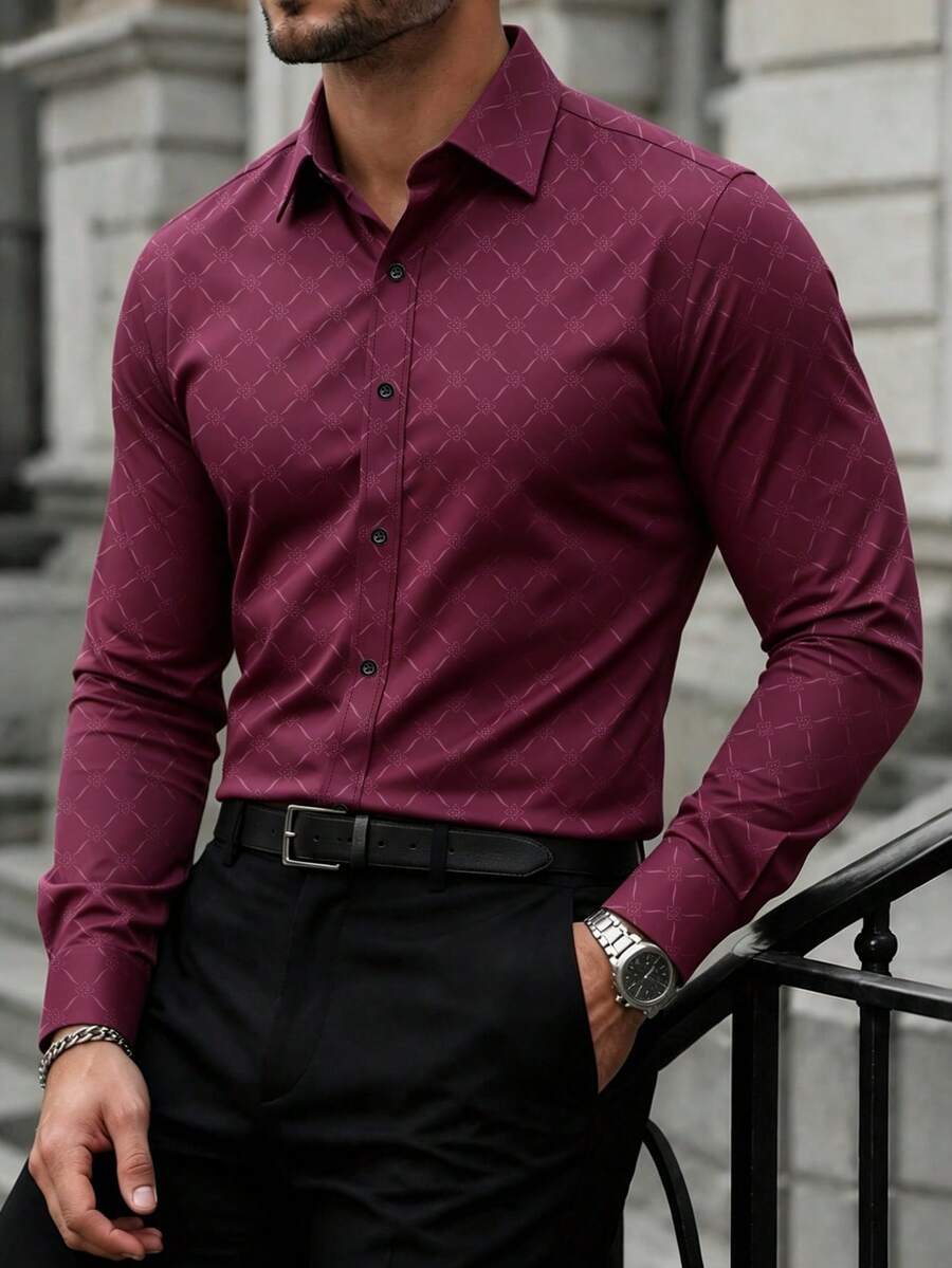 Manfinity Mode Men's Slim Fit Button Down Long Sleeve Dress Shirt,Burgundy Patterned Business Casual Office Shirt,Autumn Fashion Formal Gift For Husband,Ceremony