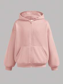 SHEIN Tween女孩休閒夏威夷風保守老錢風純色拉鍊連帽衛衣褲套裝，適合職業日、夜校、茶會、度假，珊瑚色夏季款 - 粉色 - 查看 5