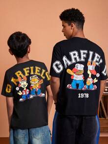 GARFIELD | SHEIN 青少年男孩美国卡通运动图案宽松针织圆领 T 恤 - 黑色 - 查看 1