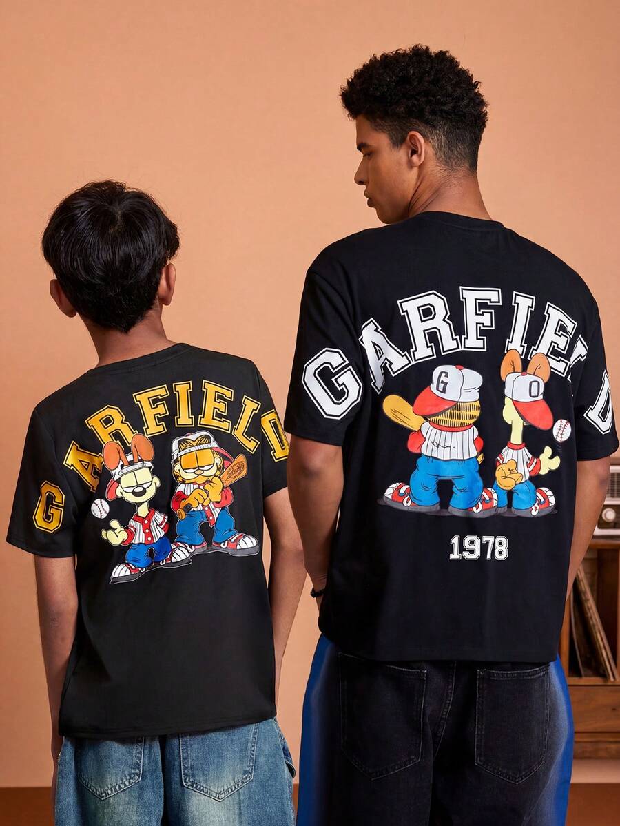 GARFIELD | SHEIN 青少年男孩美国卡通运动图案宽松针织圆领 T 恤 - 黑色 - 查看 1