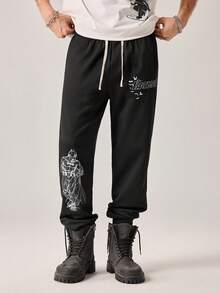 Strevion Men's Casual Commuting & Running Batman Graphic Letter Print Drawstring Waist Pocket Loose Sweatpants - Black - View 4