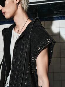 ROMWE MEN Grunge Punk Men's Batwing Sleeve Eyelet Zipper Placket Hooded Denim Vest - Black - View 2