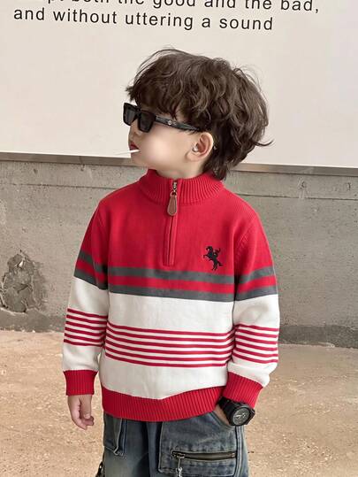 1pc Kids Young Boys Casual Striped Stand Collar Half-Zip Sweater, Suitable For Winter, Travel, School, Christmas, Christmas Party