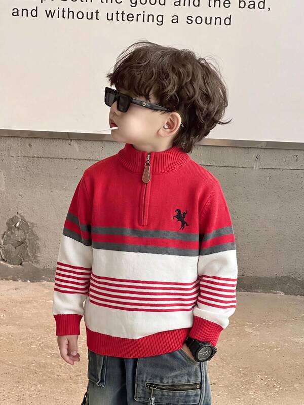 1 buah Sweater Anak Laki-laki Kasual Bergaris Kerah Tegak dengan Resleting Setengah, Cocok untuk Musim Dingin, Perjalanan, dan Sekolah
