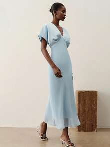 Aveloria Modichic Sky Blue Satin V-Neck Pleated Drop Shoulder Short Sleeve Cinched Waist Split Bodycon Mermaid Maxi Dress, Elegant Romantic French Vintage Minimalist Modern Commuter Vacation Versatile - Blue - View 4