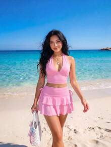 Sweetina 女款純色掛脖上衣與迷你裙兩件套，時尚度假旅行穿搭 - 粉色 - 查看 3