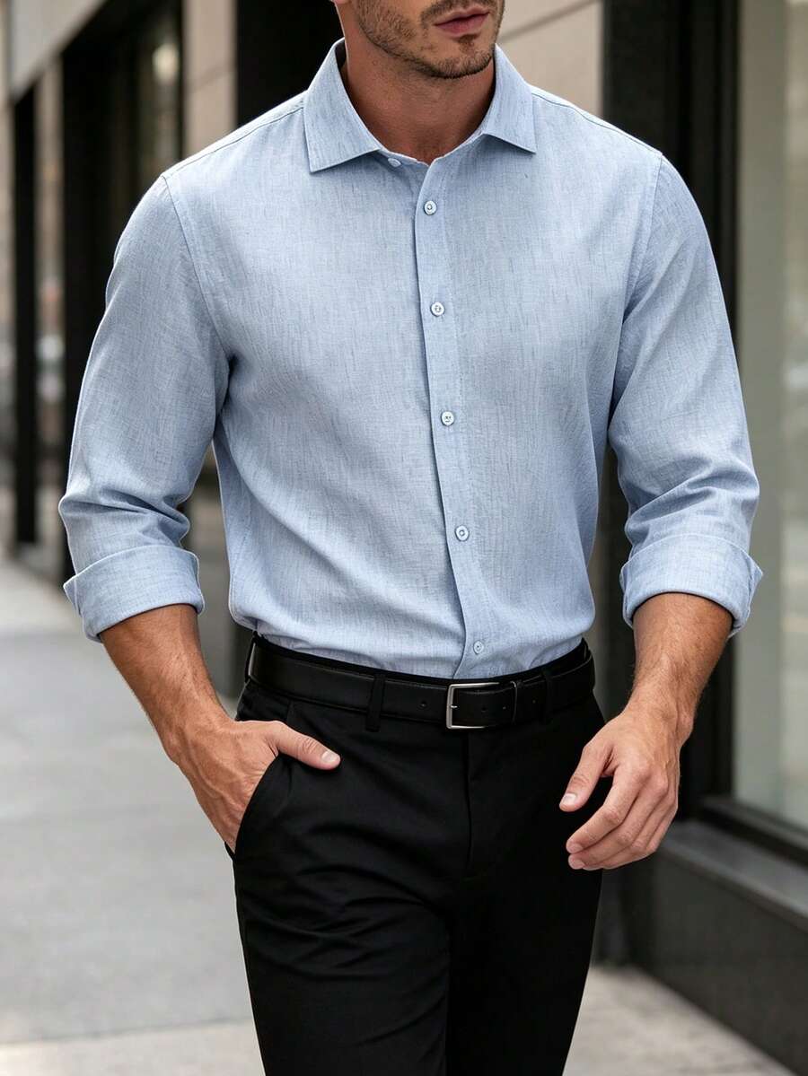 Manfinity Mode 2026春夏流行極簡風男士粗紋棉襯衫,淺藍色開領長袖 - 藍色 - 查看 1