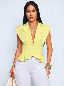 SOLERSUN Women's Chic Office Siren Cap Sleeve Blazer Vest,Waist-Defining Peplum Top With Structured Shoulders,Sophisticated Slim Fit Workwear,Elegant Old Money - Yellow - View 8